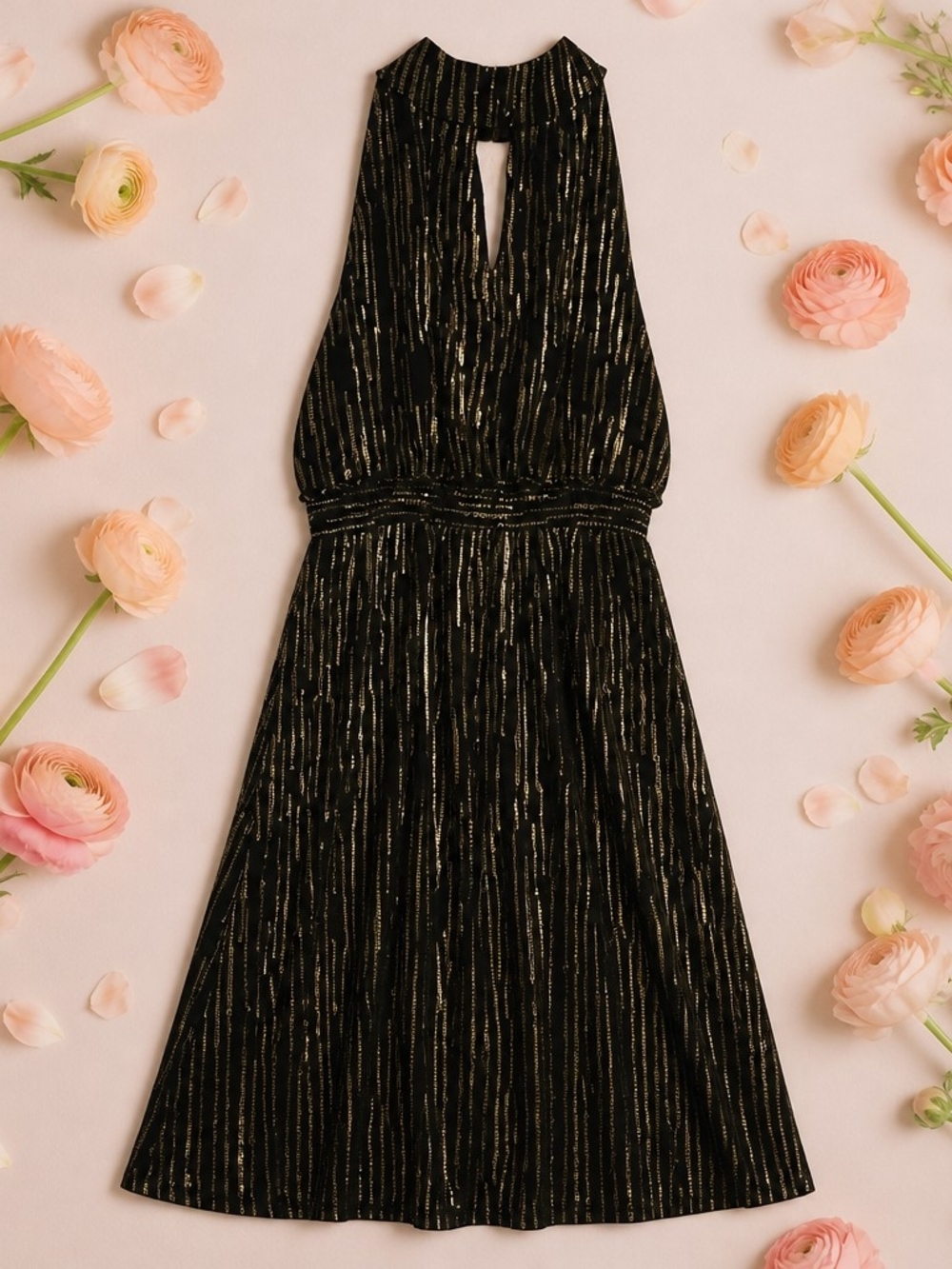 NWT DREW Size-S Full Length Black and Metallic-Striped Maxi Dress